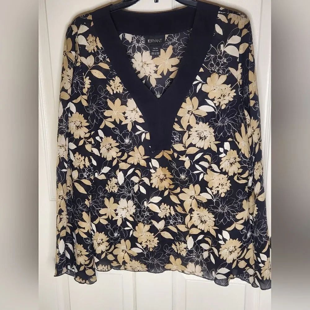 Lane Bryant 14/16 100% SILK Blouse Floral Black/Gold V Neck Peasant Women Blouse